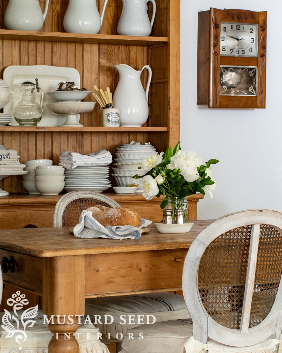 antique pine hutch | white ironstone | kitchen eating area | miss mustard seed