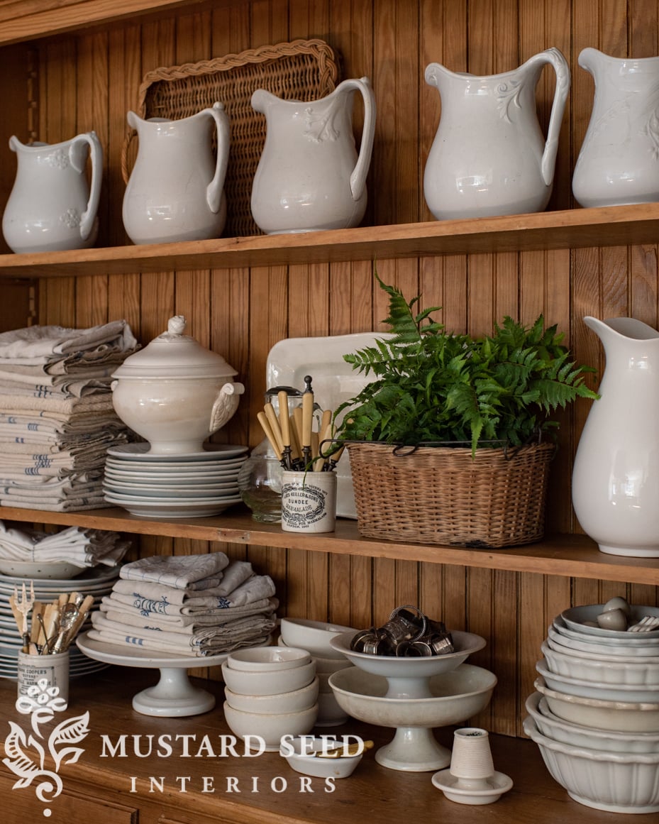 antique pine hutch with white ironstone | miss mustard seed
