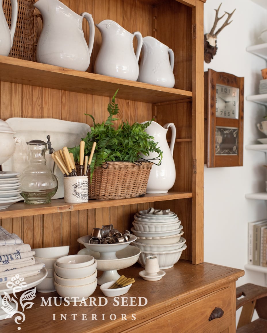 antique pine hutch with white ironstone | miss mustard seed
