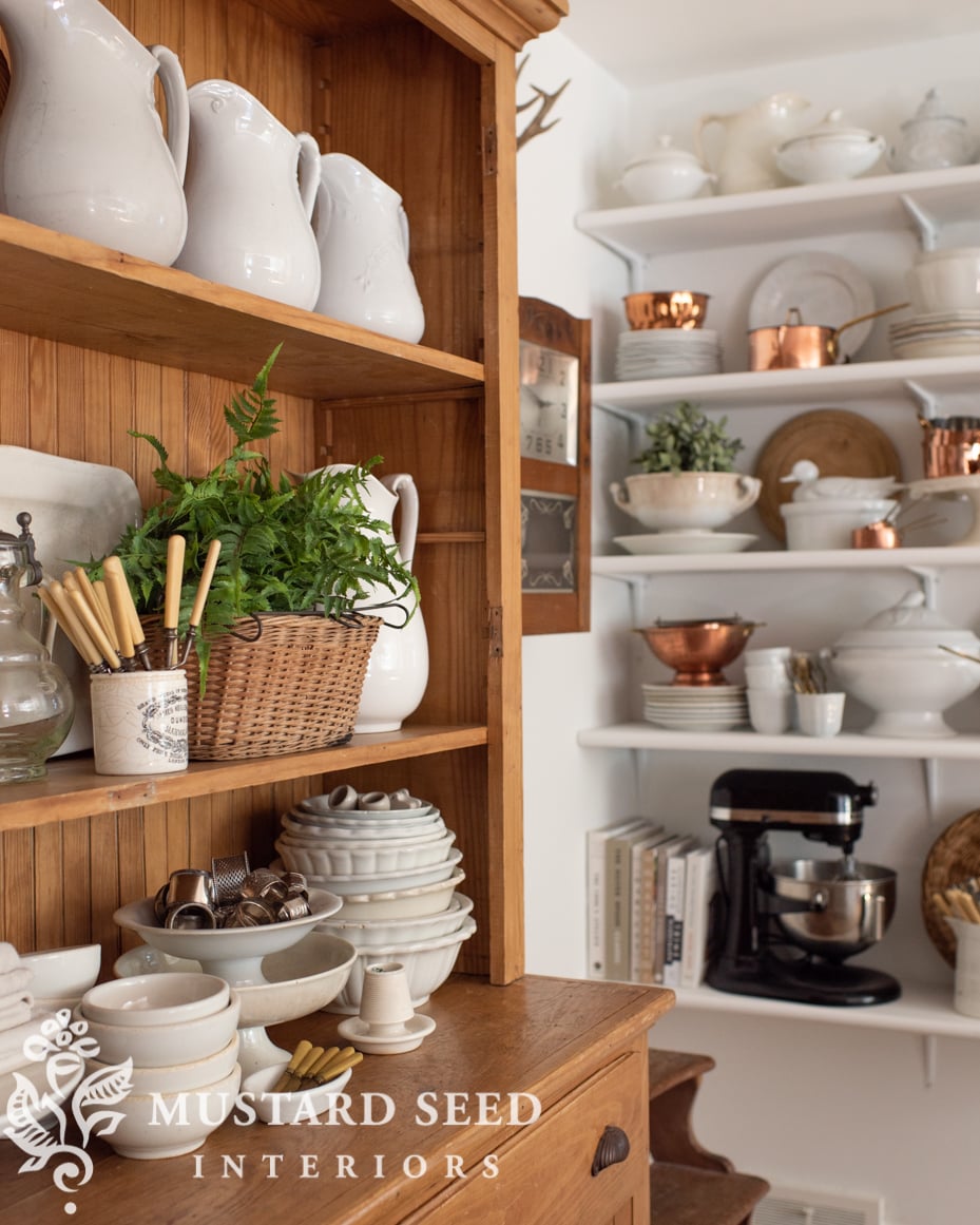 antique pine hutch with white ironstone | miss mustard seed