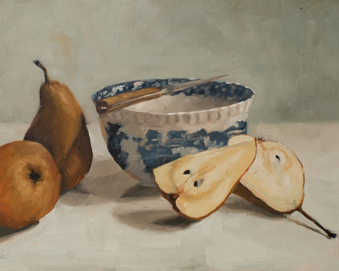 marian parsons original oil painting | transferware and pears | miss mustard seed