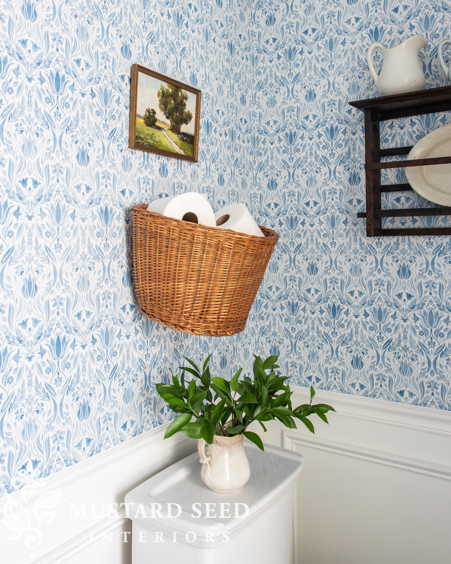1/2 bathroom | blue and white wallpaper | miss mustard seed