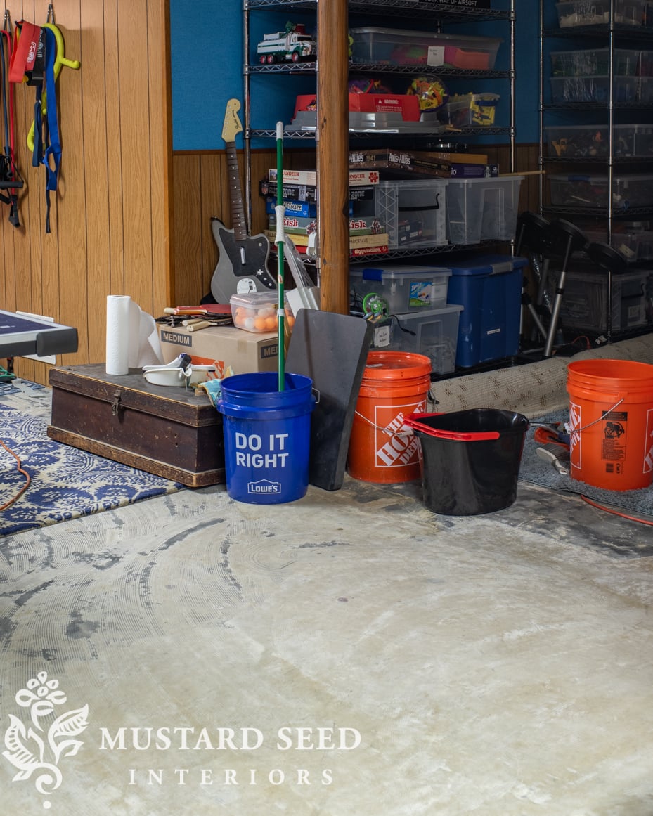 basement organization and removing glue from the floors | miss mustard seed