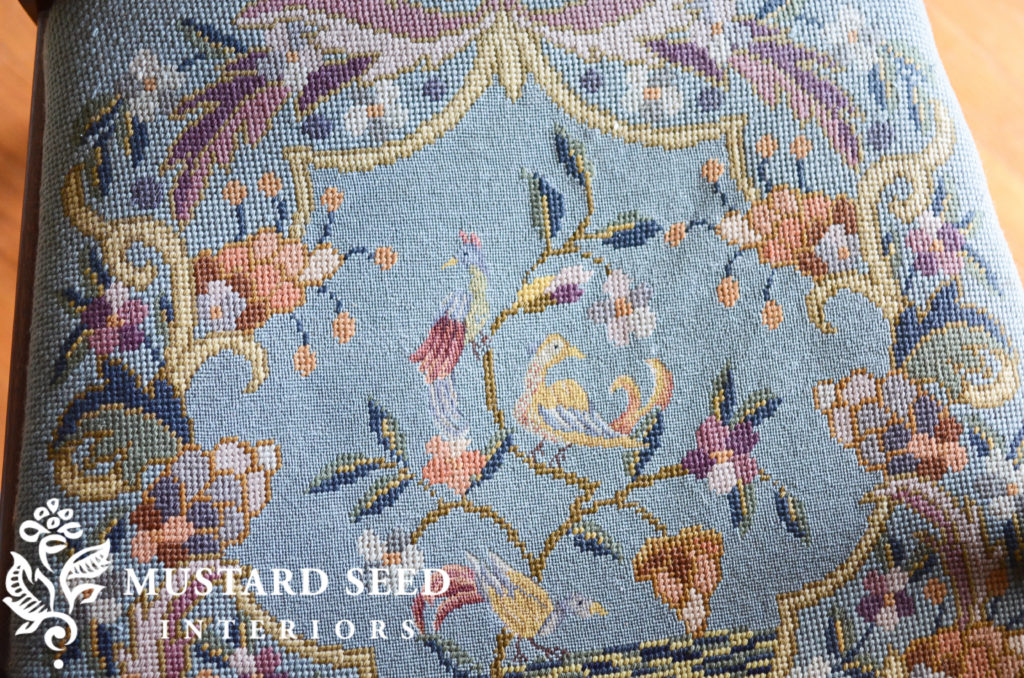 needlepoint seat covers | blue, birds, flowers | miss mustard seed