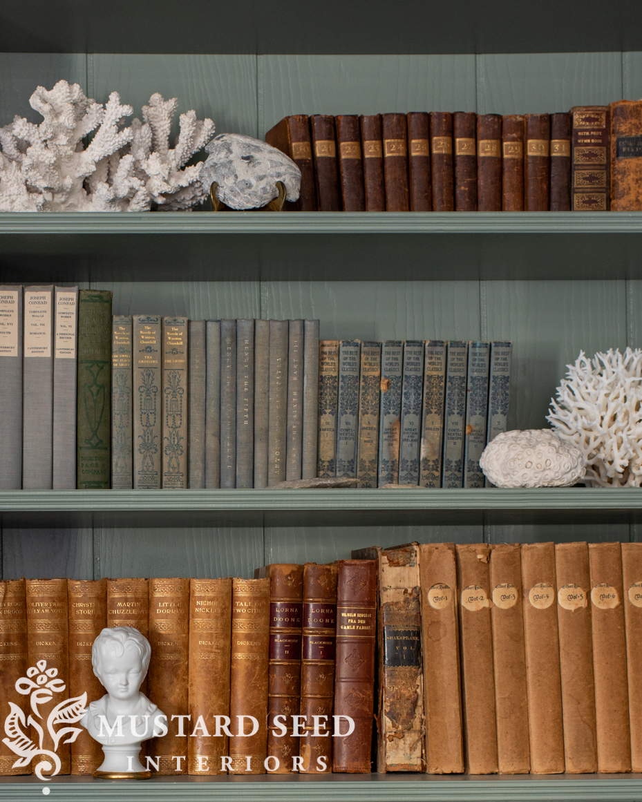 card room green living room built-in shelves | miss mustard seed