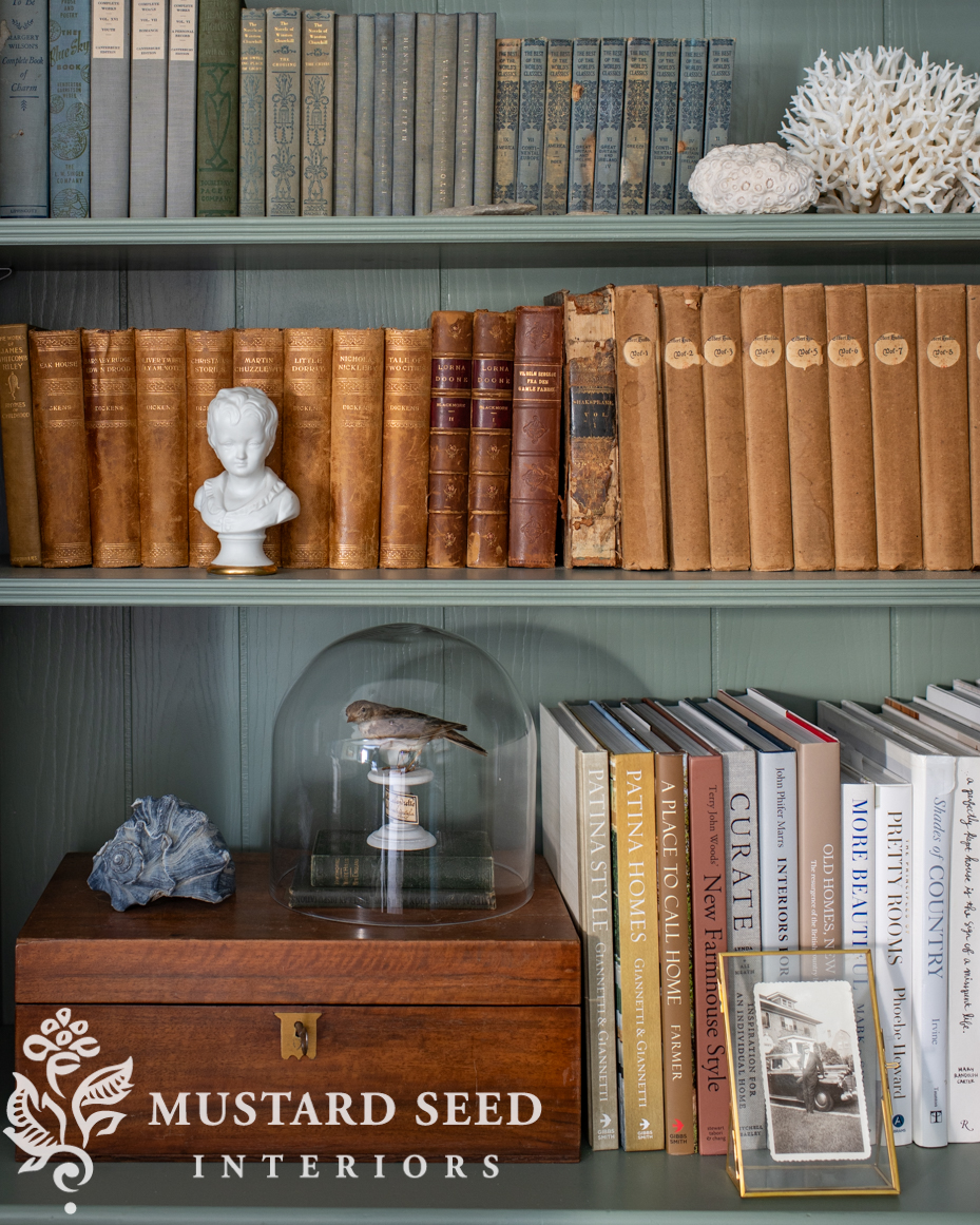 card room green living room built-in shelves | miss mustard seed