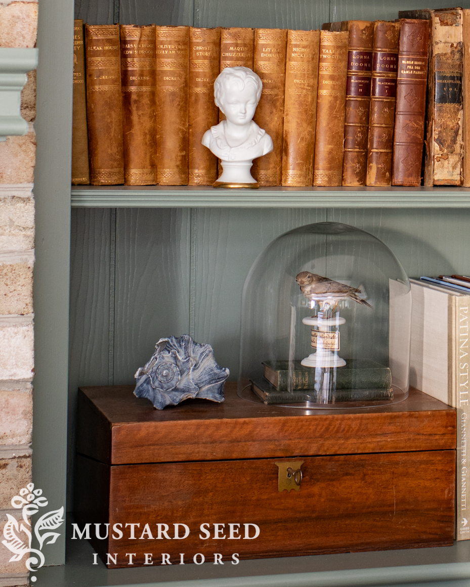 card room green living room built-in shelves | miss mustard seed