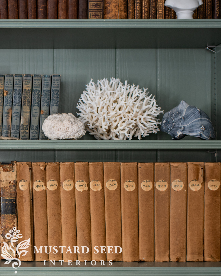 card room green living room built-in shelves | miss mustard seed