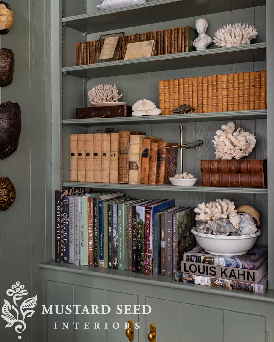 card room green living room built-in shelves | miss mustard seed