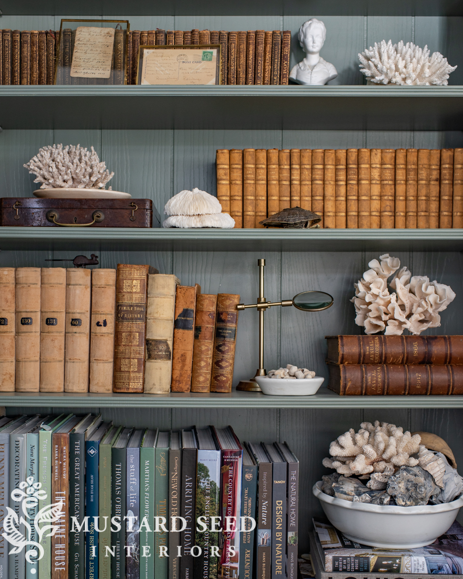 card room green living room built-in shelves | miss mustard seed