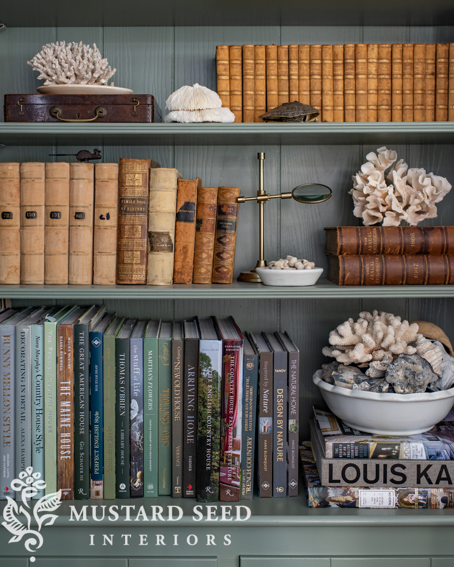 card room green living room built-in shelves | miss mustard seed