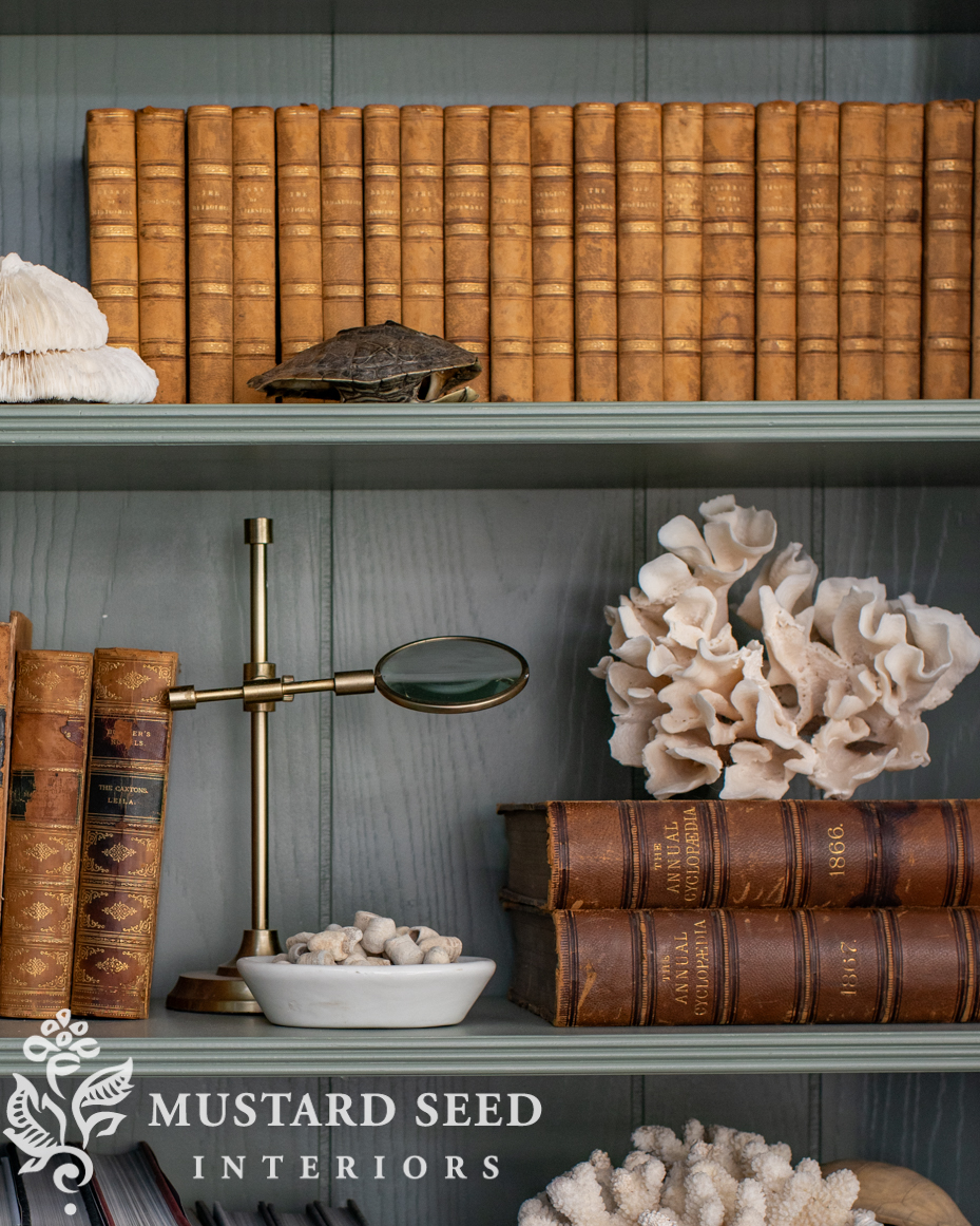 card room green living room built-in shelves | miss mustard seed