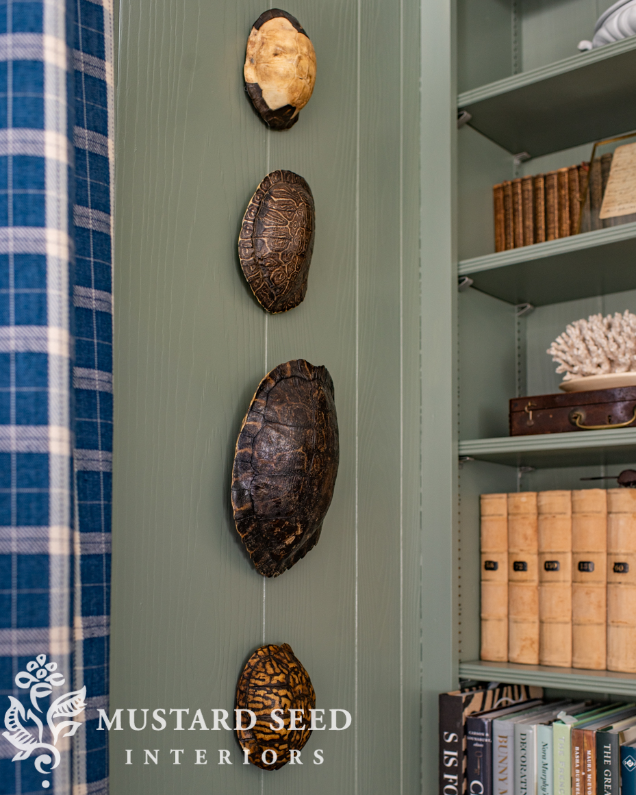 card room green living room built-in shelves | miss mustard seed