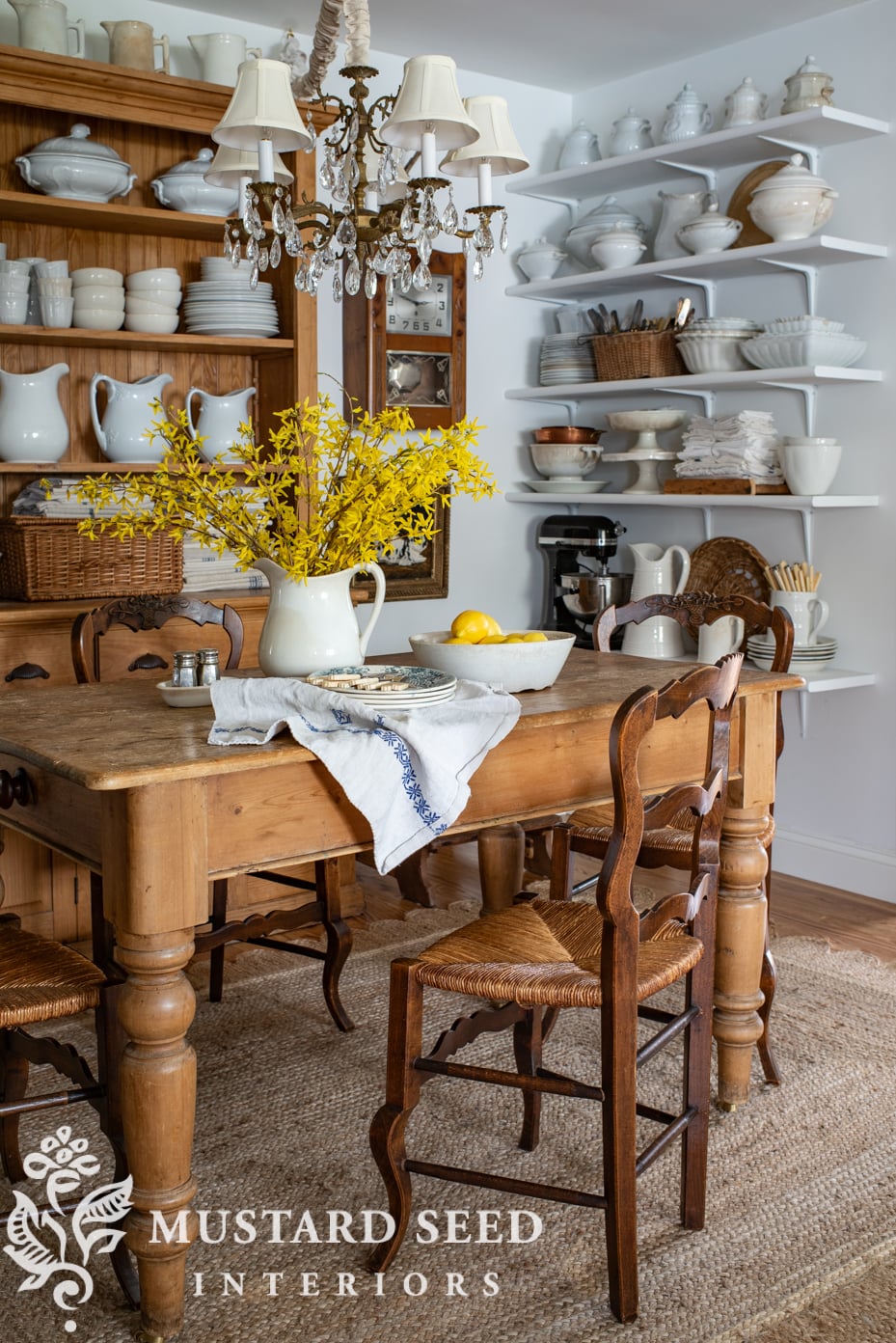 kitchen eating area | antique wood and rushed chairs | miss mustard seed