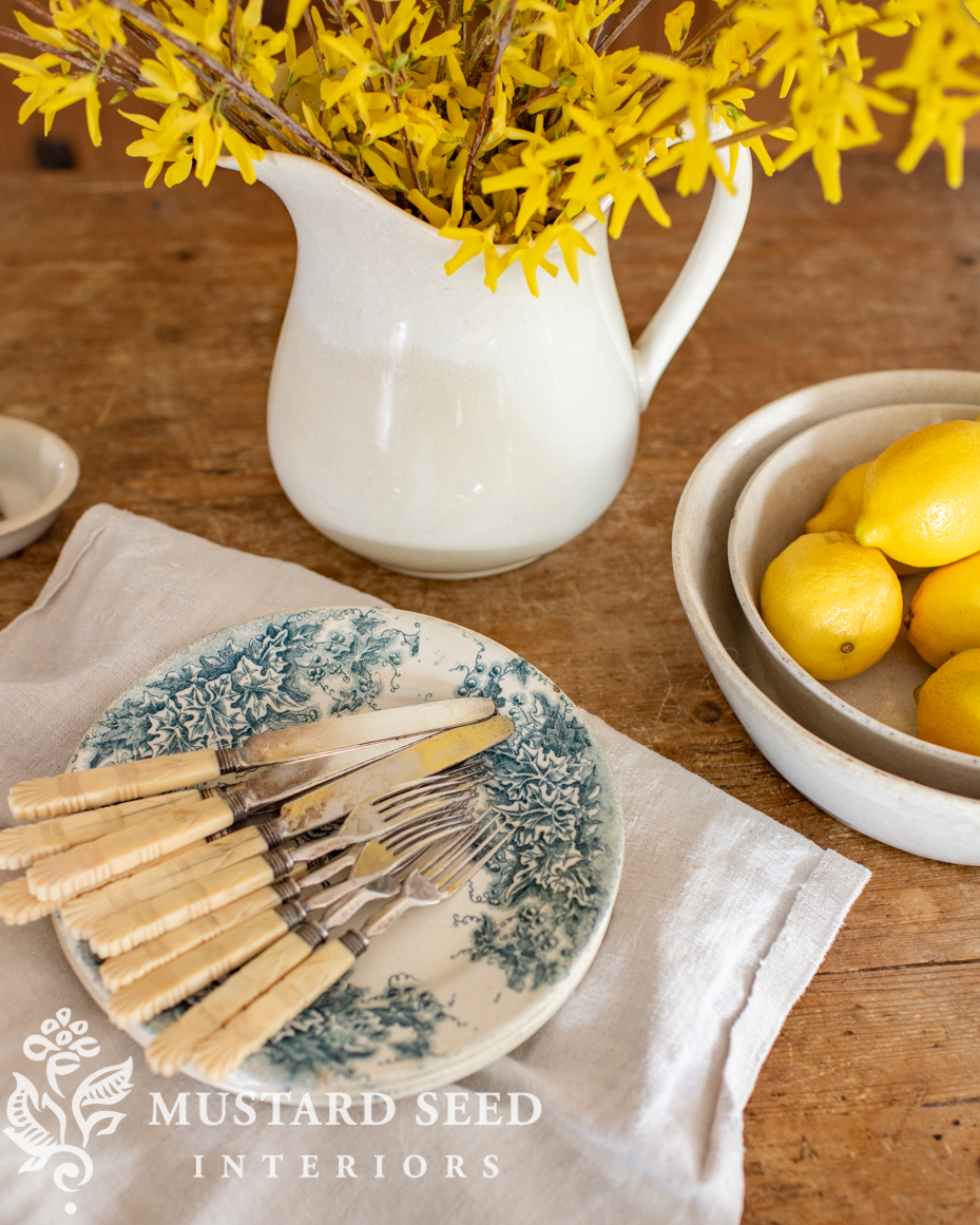 antique transferware plates and English bone-handled utensils flatware | miss mustard seed