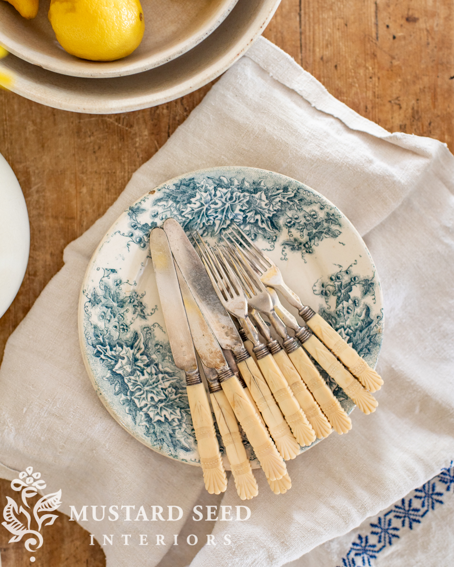 antique transferware plates and English bone-handled utensils flatware | miss mustard seed