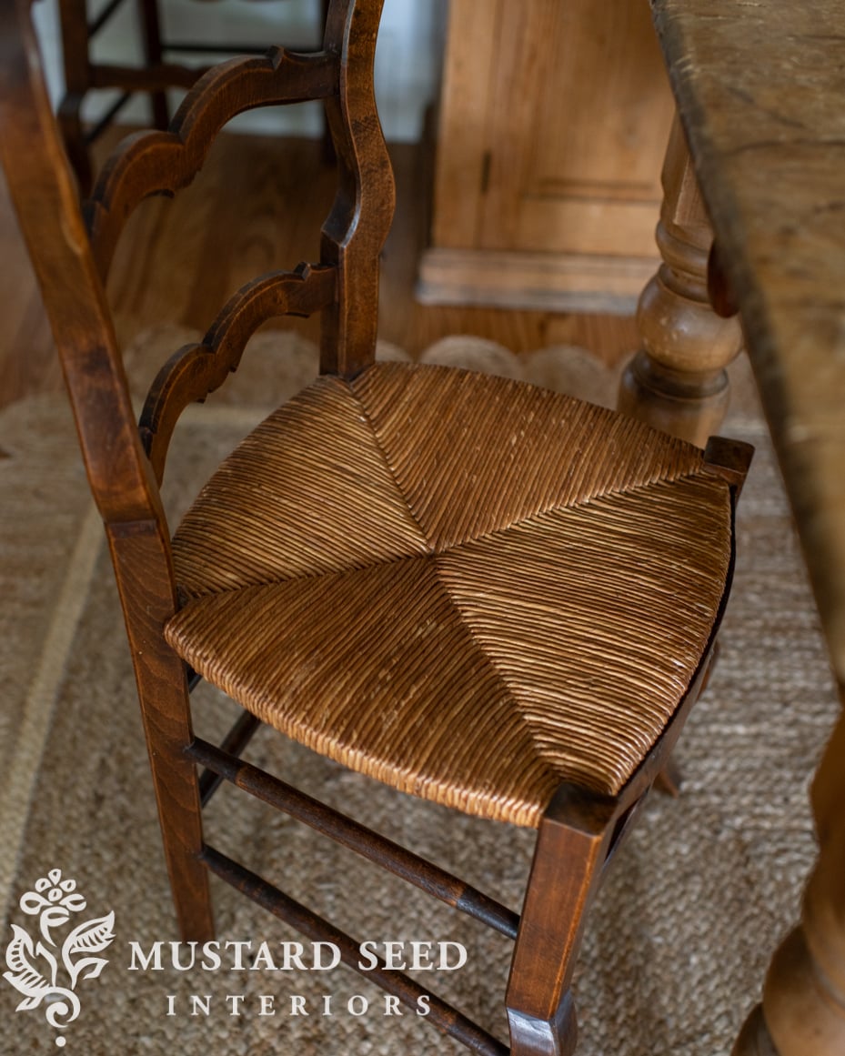 kitchen eating area | antique wood and rushed chairs | miss mustard seed