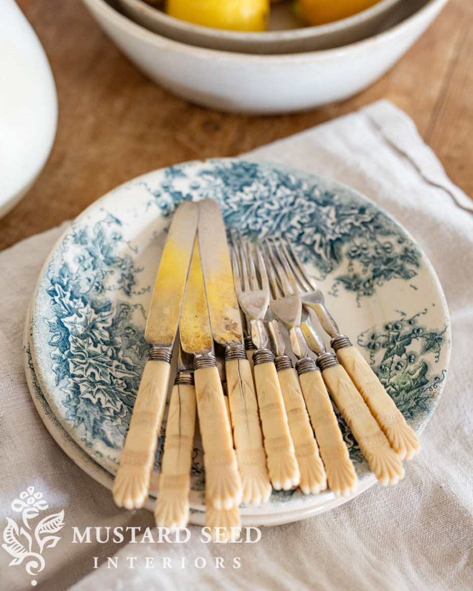 antique transferware plates and English bone-handled utensils flatware | miss mustard seed