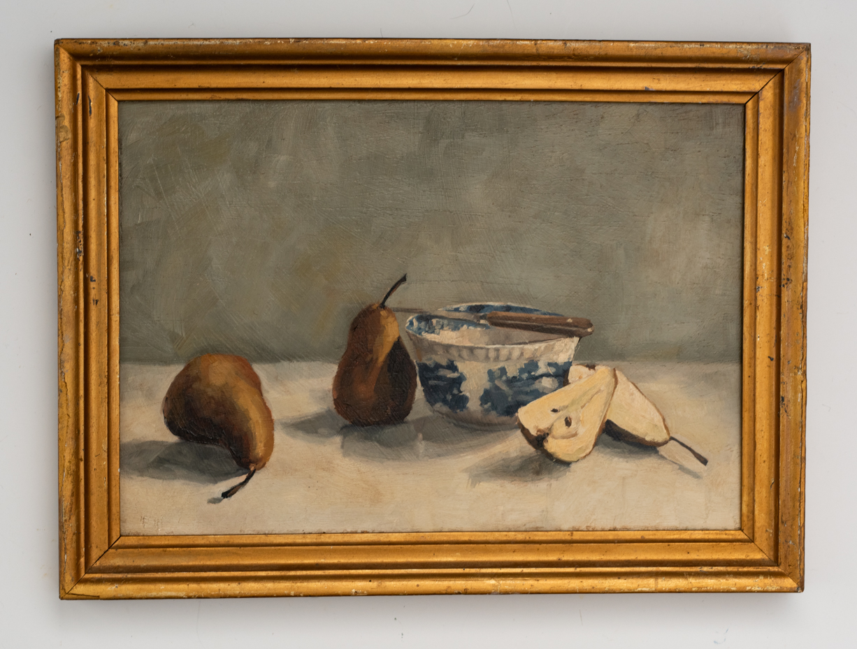 original oil painting | marian parsons | pears and transferware bowl | miss mustard seed