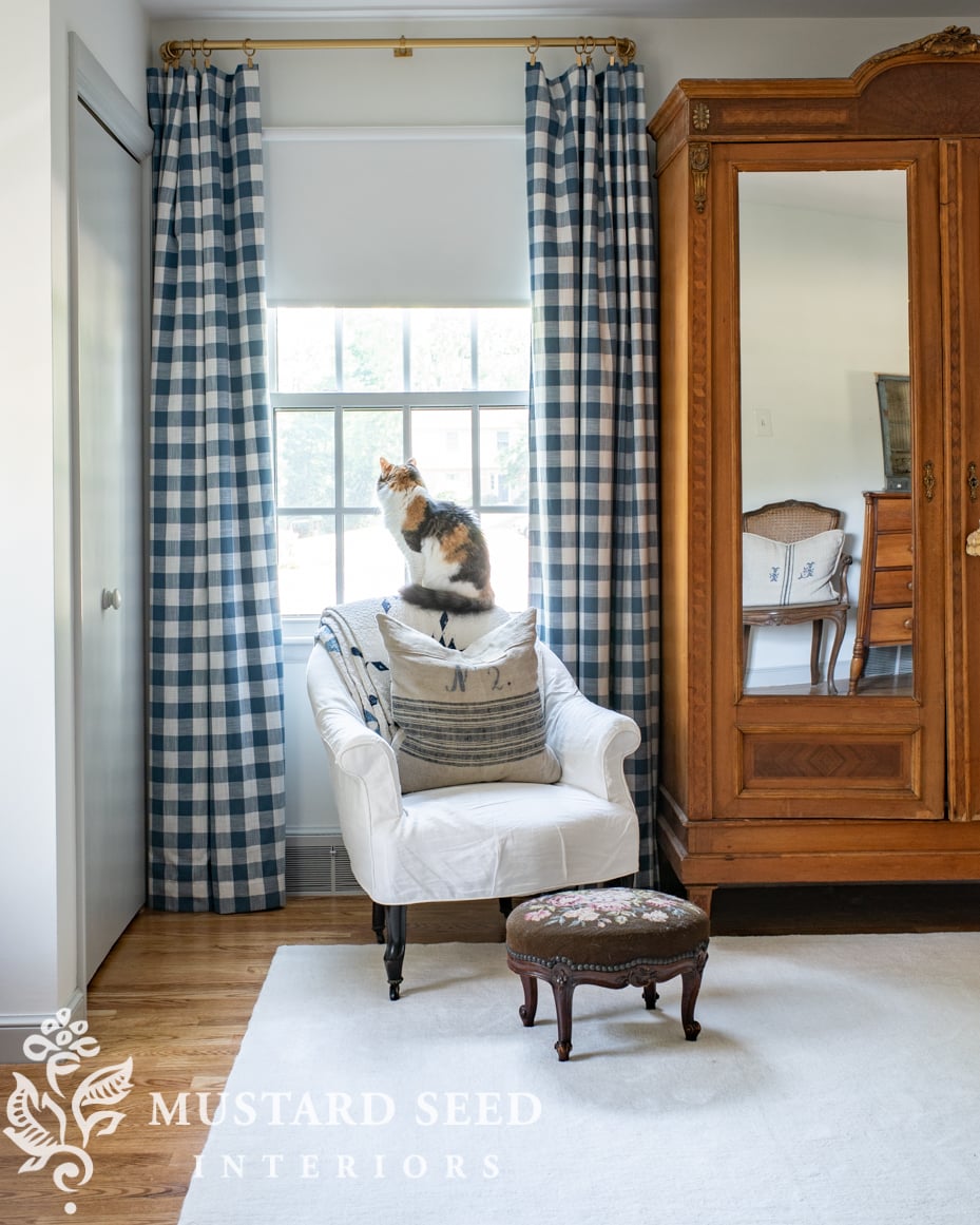 primary bedroom | blue white check curtains | miss mustard seed