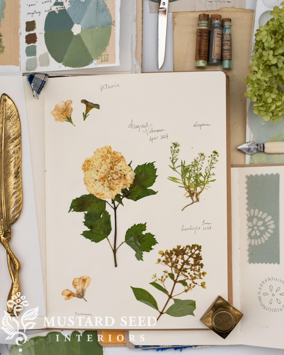 pressing and mounting flowers, herbs, and leaves | gardening notebook | miss mustard seed