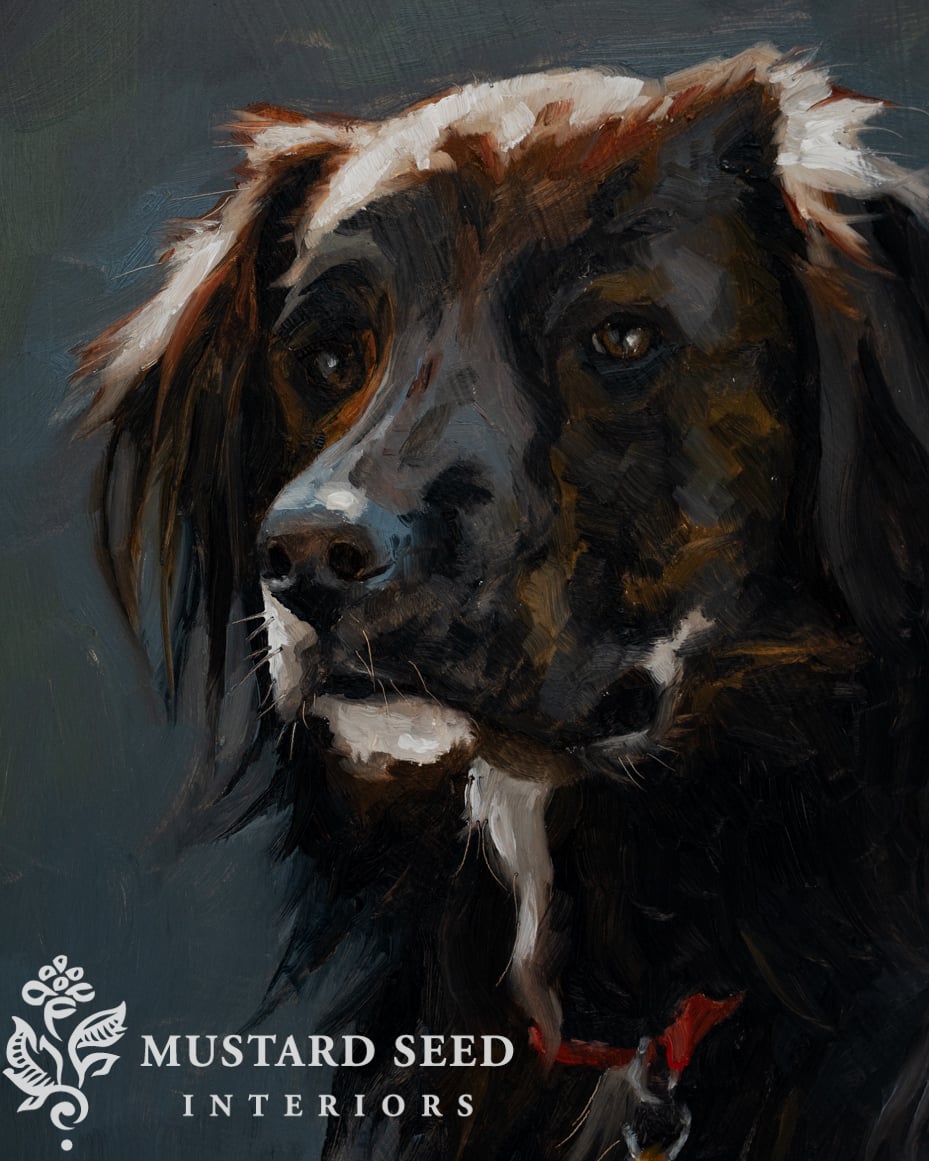 original oil painting | dog portrait | miss mustard seed | Marian Parsons fine art