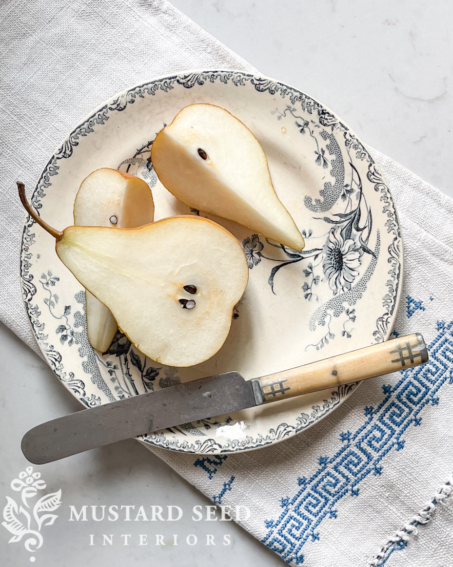 transferware plate and pears still life photo referece | miss mustard seed