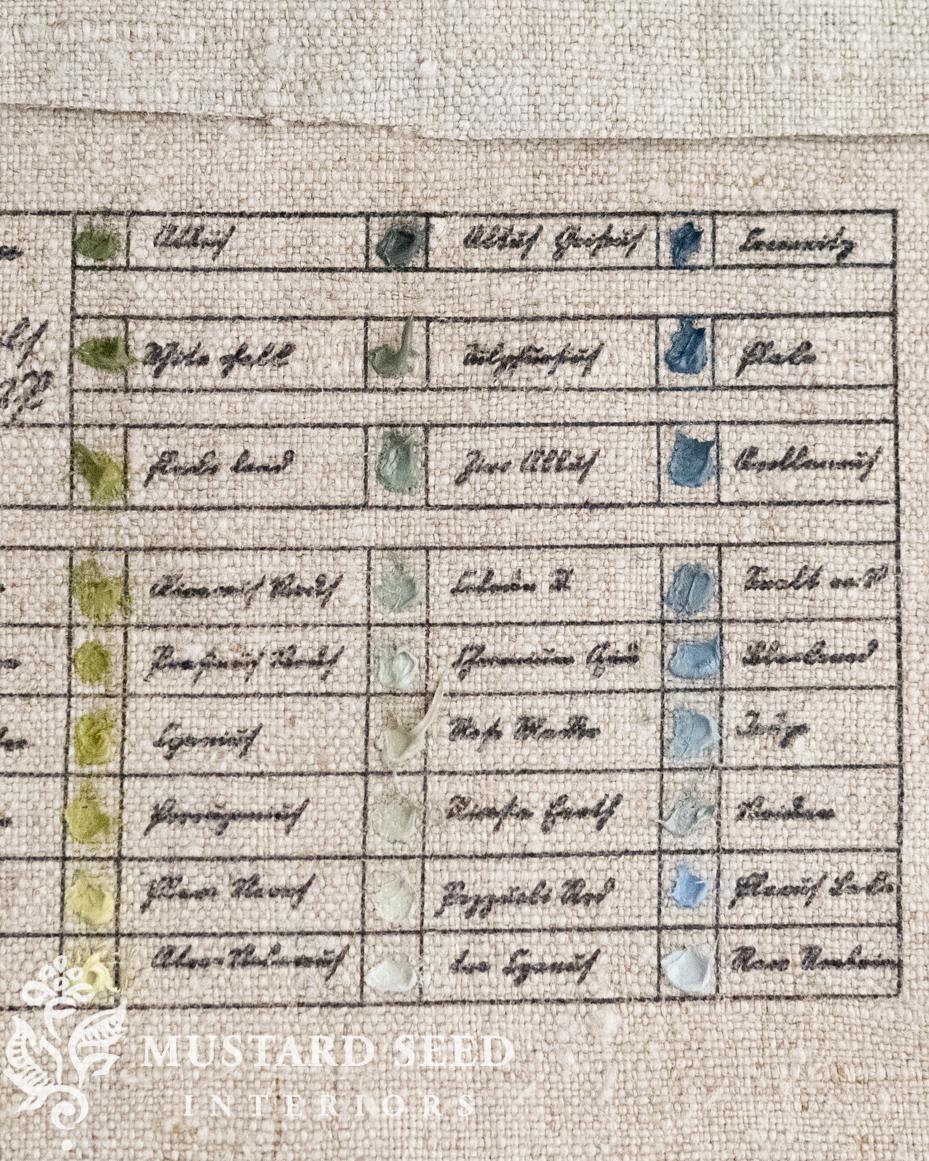 hand-painted, antique-insired color charts on linen | miss mustard seed | marian parsons fine art