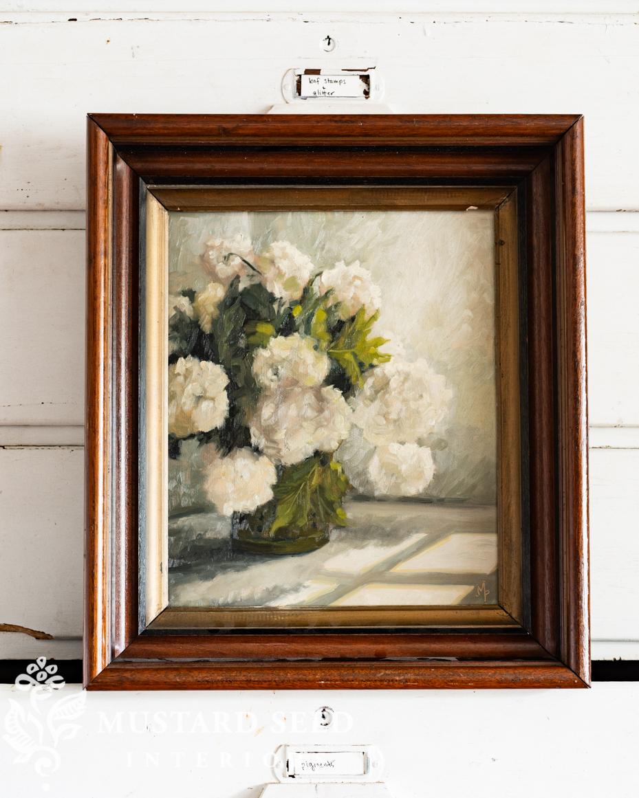 snowball viburnum oil painting still life | marian parsons fine art | miss mustard seed