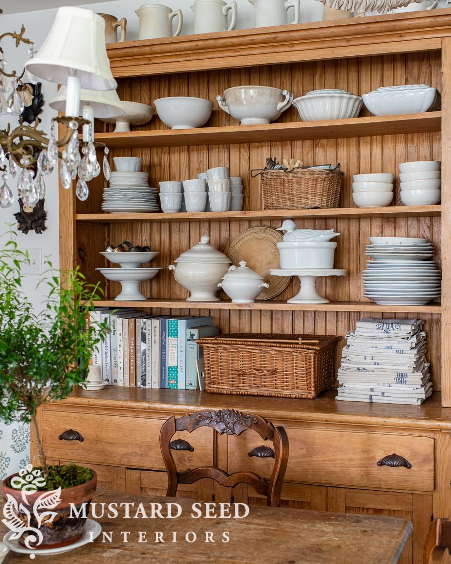 antique pine cabinet with ironstone | miss mustard seed