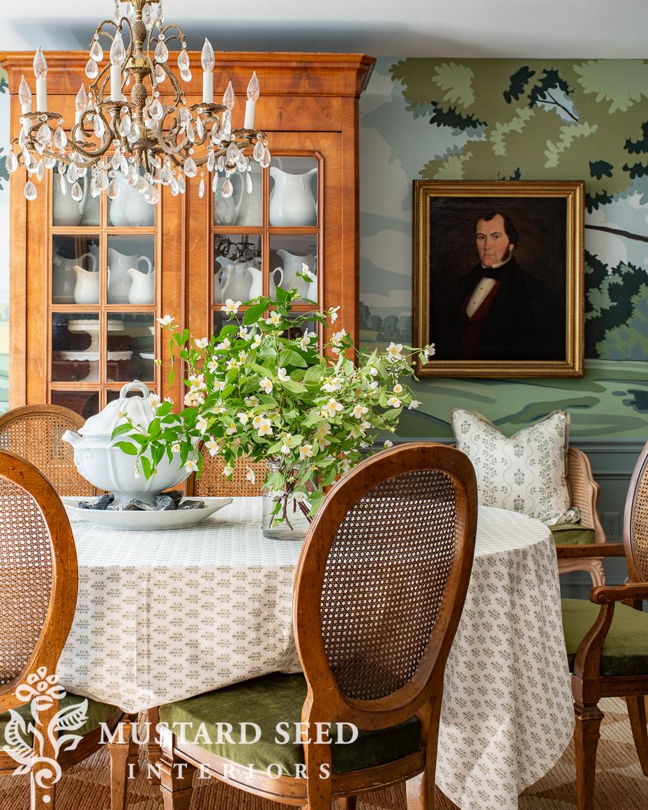 miss mustard seed dining room | hand painted mural | antique portrait