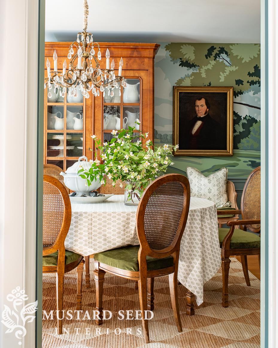 miss mustard seed dining room | hand painted mural | antique portrait