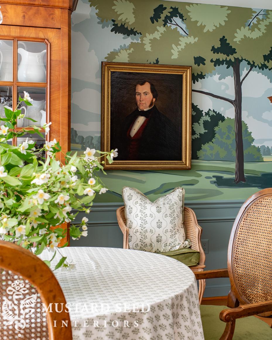 miss mustard seed dining room | hand painted mural | antique portrait