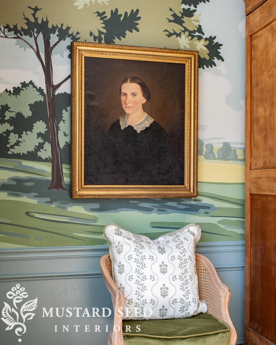 miss mustard seed dining room | hand painted mural | antique portrait