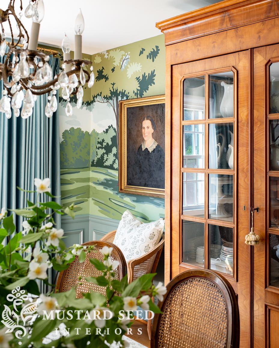 miss mustard seed dining room | hand painted mural | antique portrait