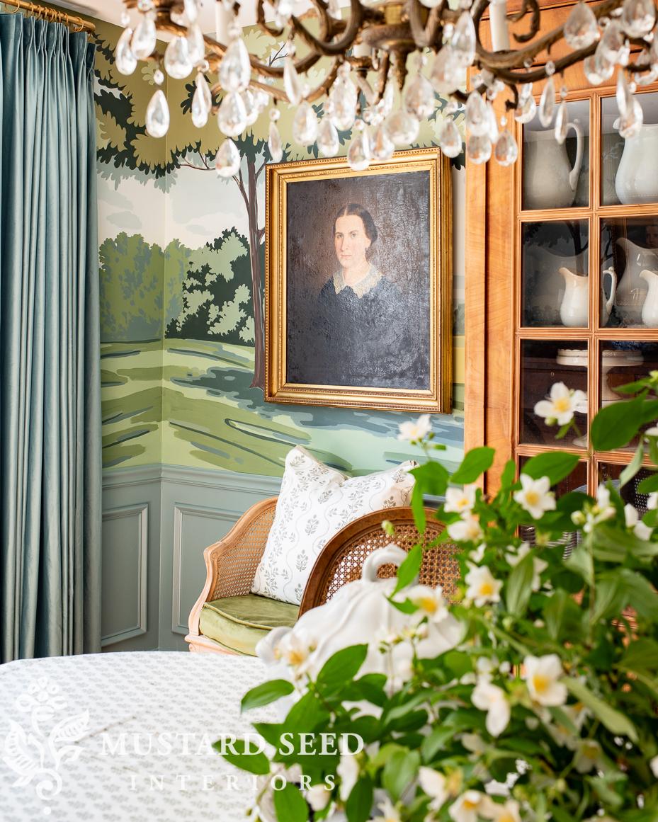 miss mustard seed dining room | hand painted mural | antique portrait