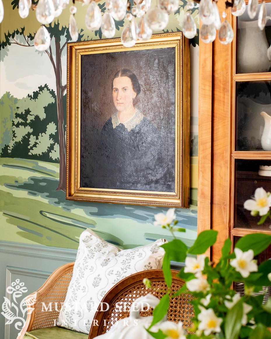 miss mustard seed dining room | hand painted mural | antique portrait