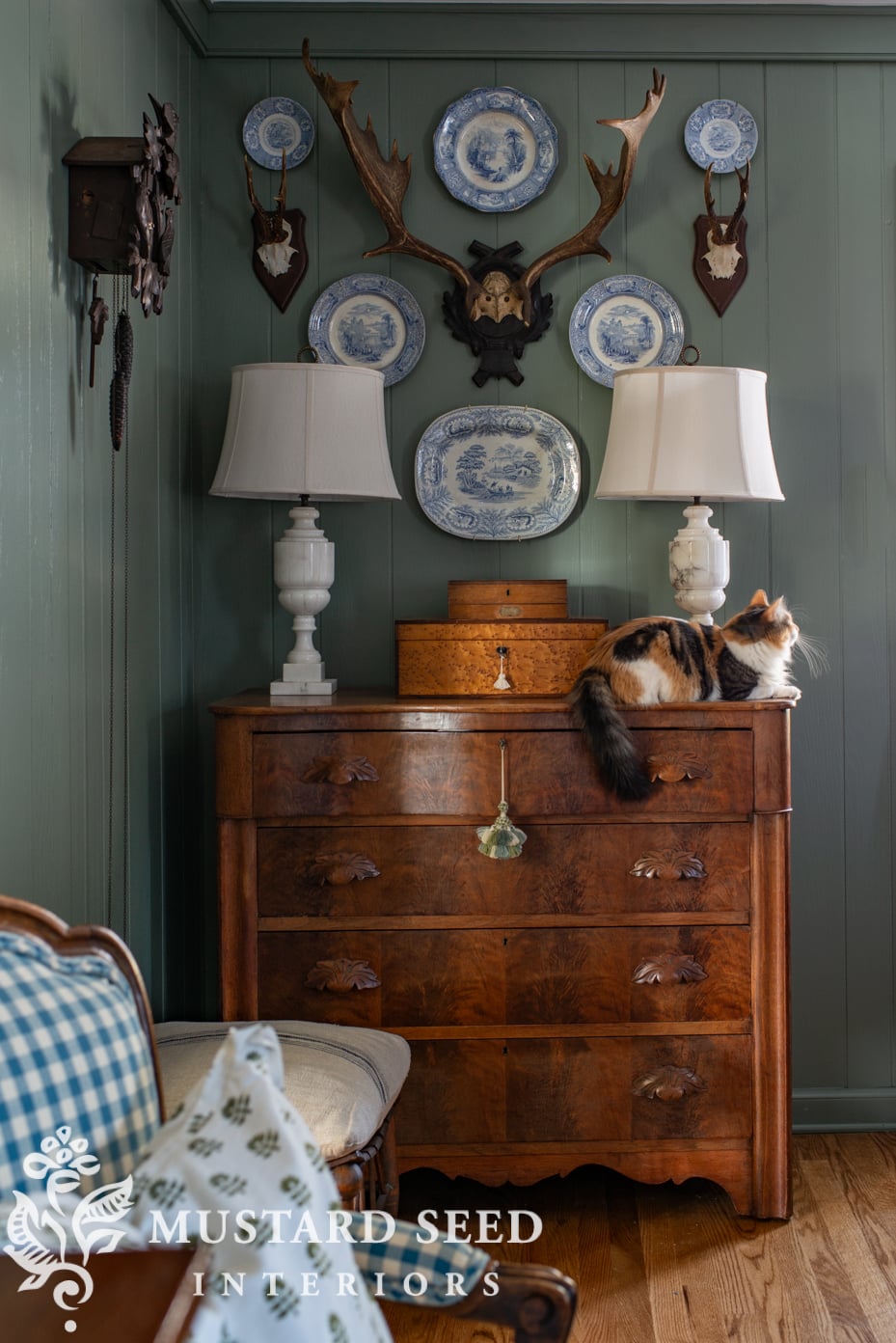 antlers and plates wall arrangement | card room green | living room decorating | antiques | miss mustard seed