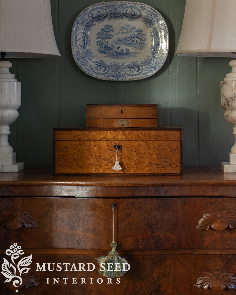 antlers and plates wall arrangement | card room green | living room decorating | antiques | miss mustard seed