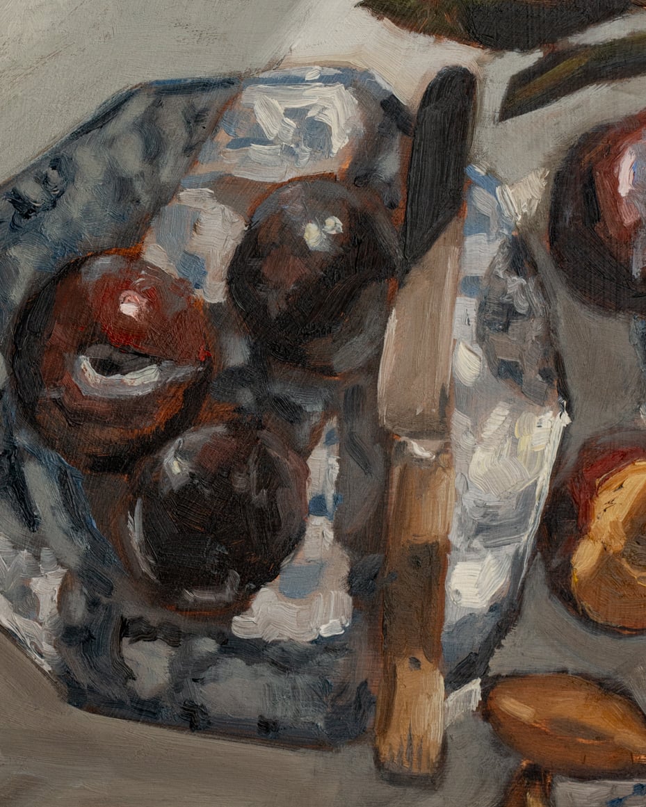 original oil painting | marian parsons | plums on a plate | miss mustard seed