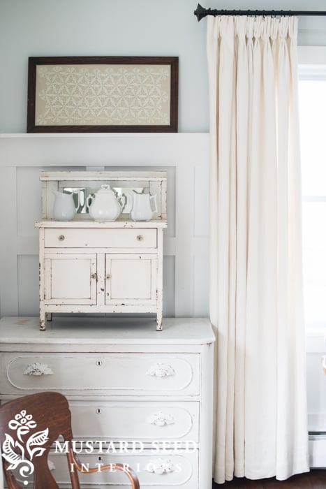 family room wainscoting | antique salesman sample dresser | miss mustard seed