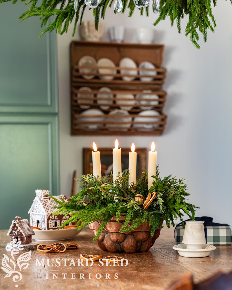 copper mold candle centerpiece | Christmas decorating | miss mustard seed