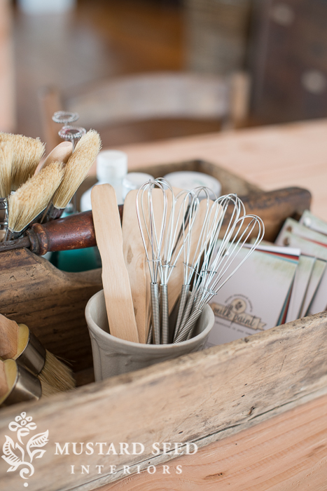 antique tote with workshop supplies | miss mustard seed