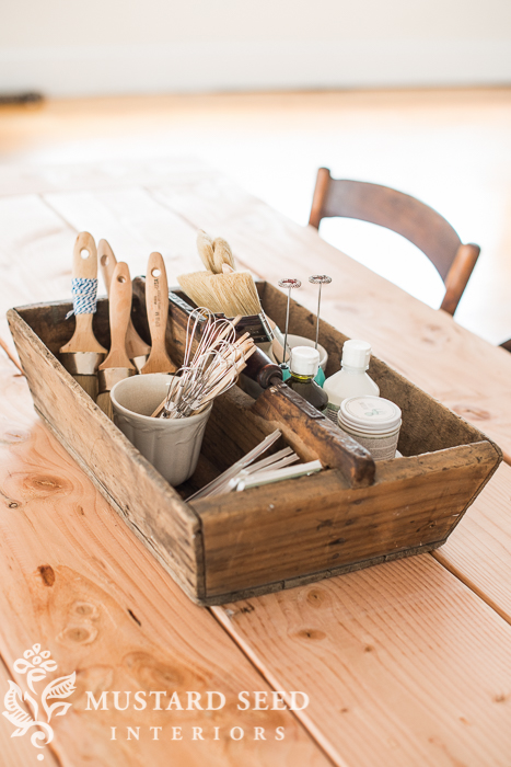 antique tote with workshop supplies | miss mustard seed