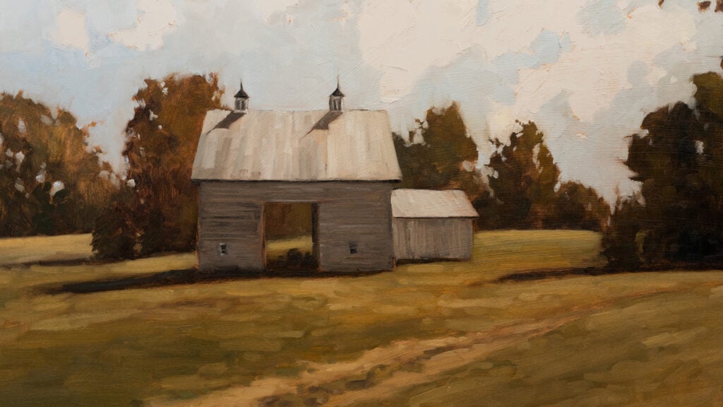 Miss Mustard Seed Close Up Barn with Dirt Road and Trees
