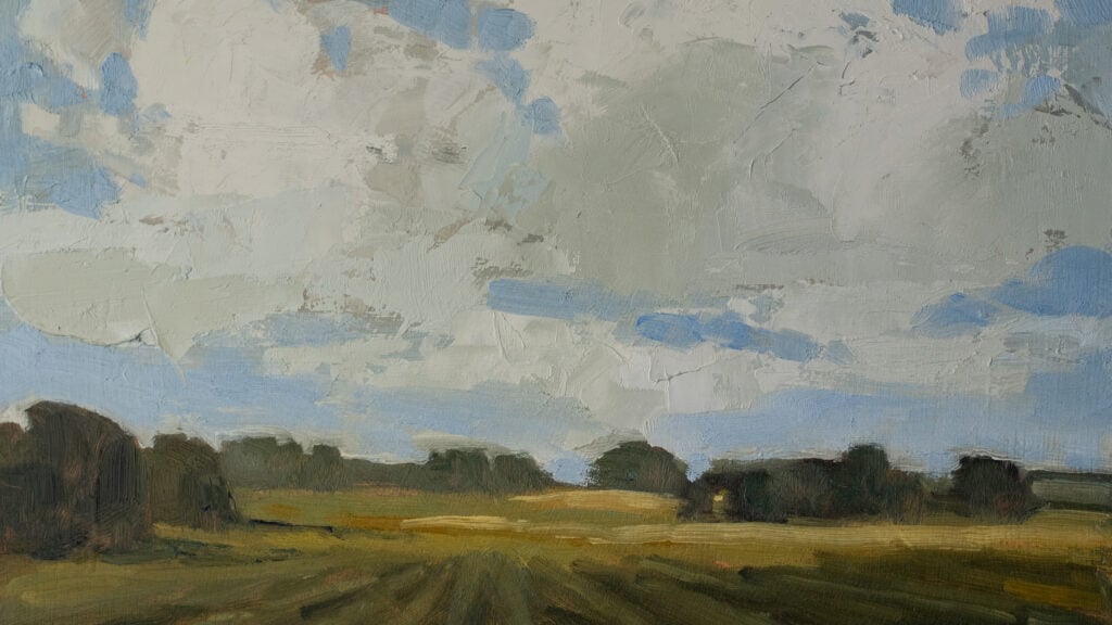 Miss Mustard Seed with Farm fields and Clouds