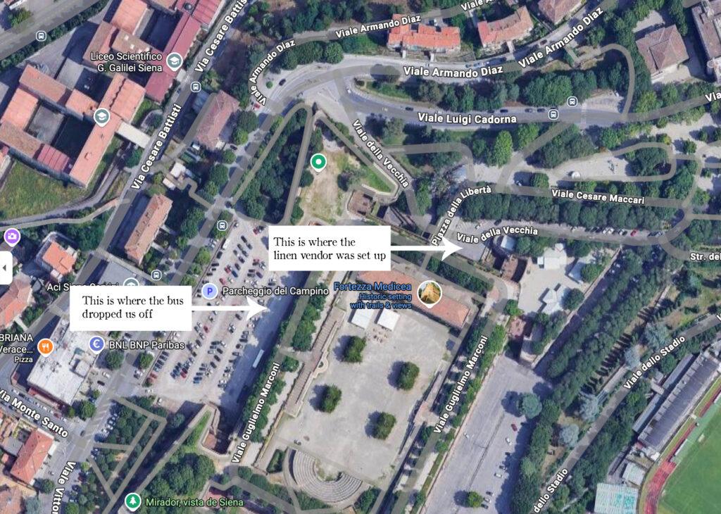 map of Siena, Italy showing linen seller