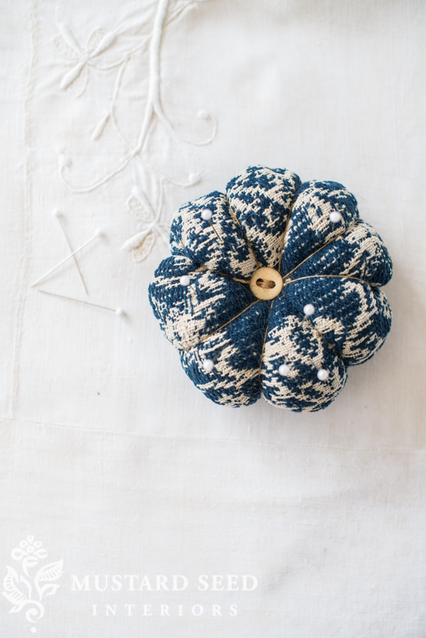 antique overshot coverlet pin cushion | miss mustard seed