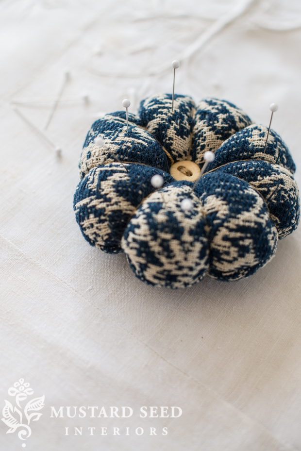 antique overshot coverlet pin cushion | miss mustard seed