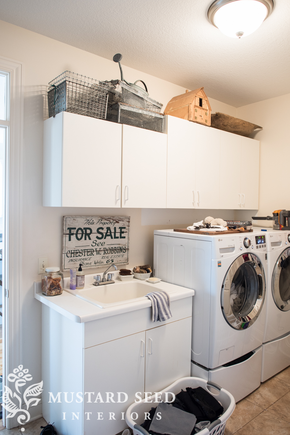 laundry room open shelves | styling and organizing | before | miss mustard seed